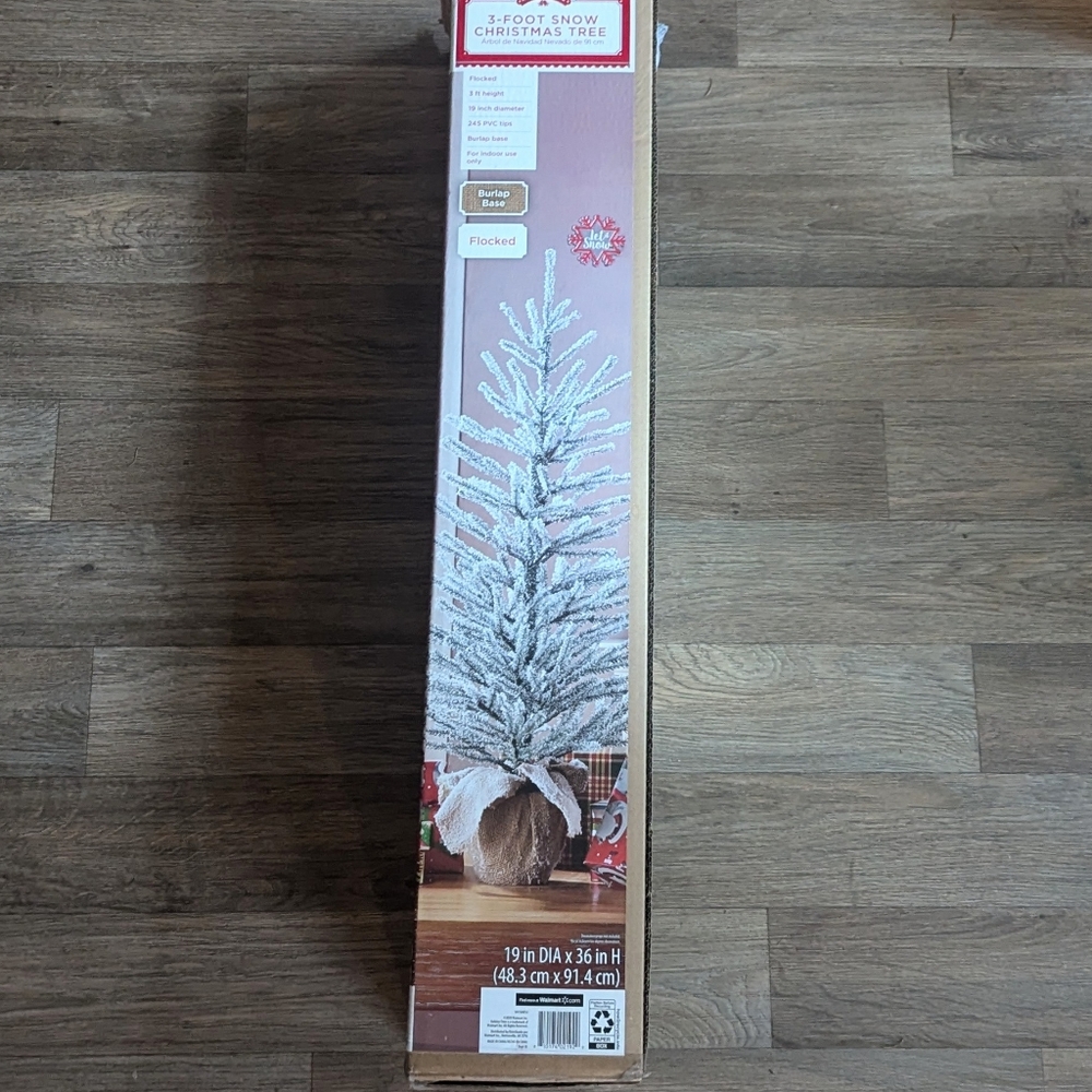 NIB Flocked Artificial 3' Snow Christmas Tree Burlap Base Decor